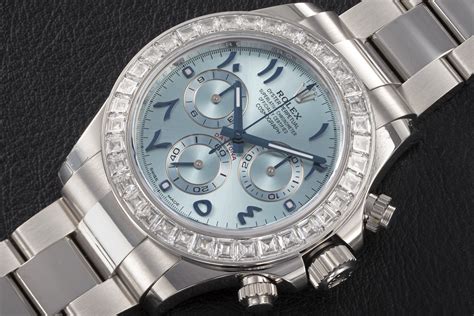 rolex cosmograph daytona limited arabic edition 40mm diamond pave platinum|Rolex chronograph dial.